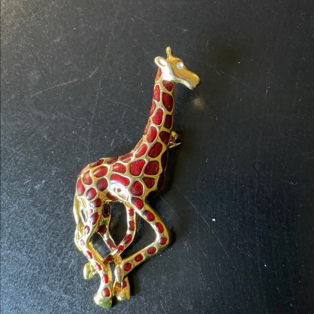 Elegant Gold tone and Red Giraffe Brooch